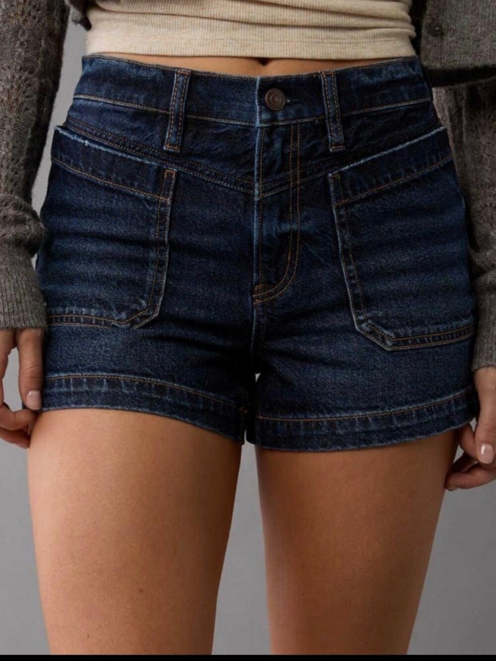 American Eagle Strigid Relaxed Short Dark Blue Denim Front Patch Pockets Sz 2